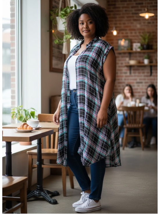 torrid Tops - EUC Torrid Black Aqua Purple Plaid Chiffon Button Down Shirt Kimono Size 3X